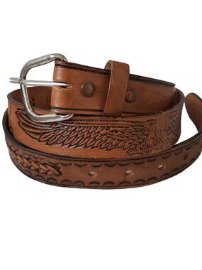 Vintage Brown Leather Tooled Hand Woven Belt Eagle Motif Western Cowboy Boho